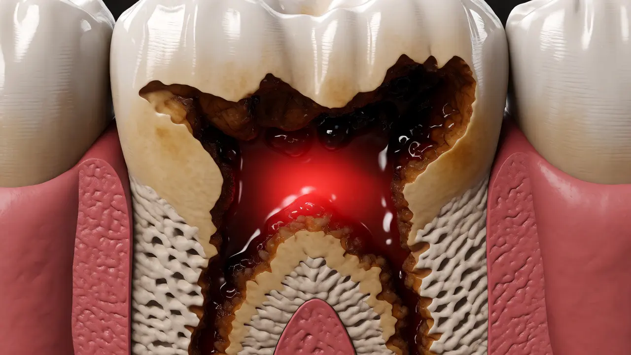 Řez zubem s hlubokým kazem pronikajícím do dentinu a zánětem nervu.