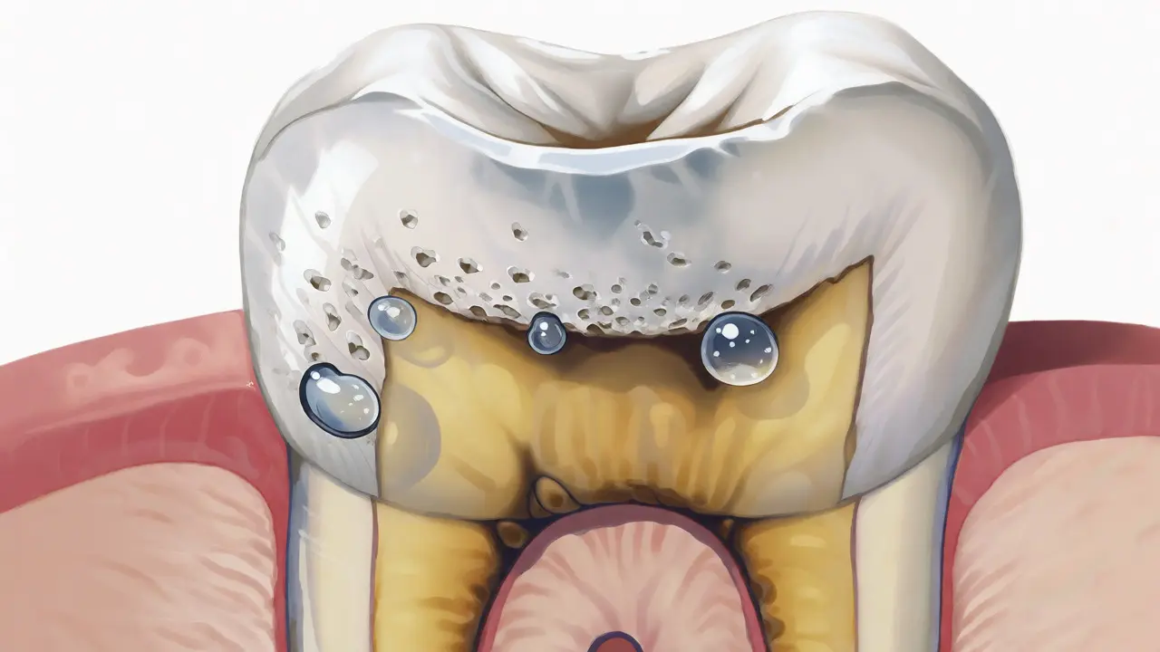 Řez zubem ukazující erozi skloviny a odhalený dentin