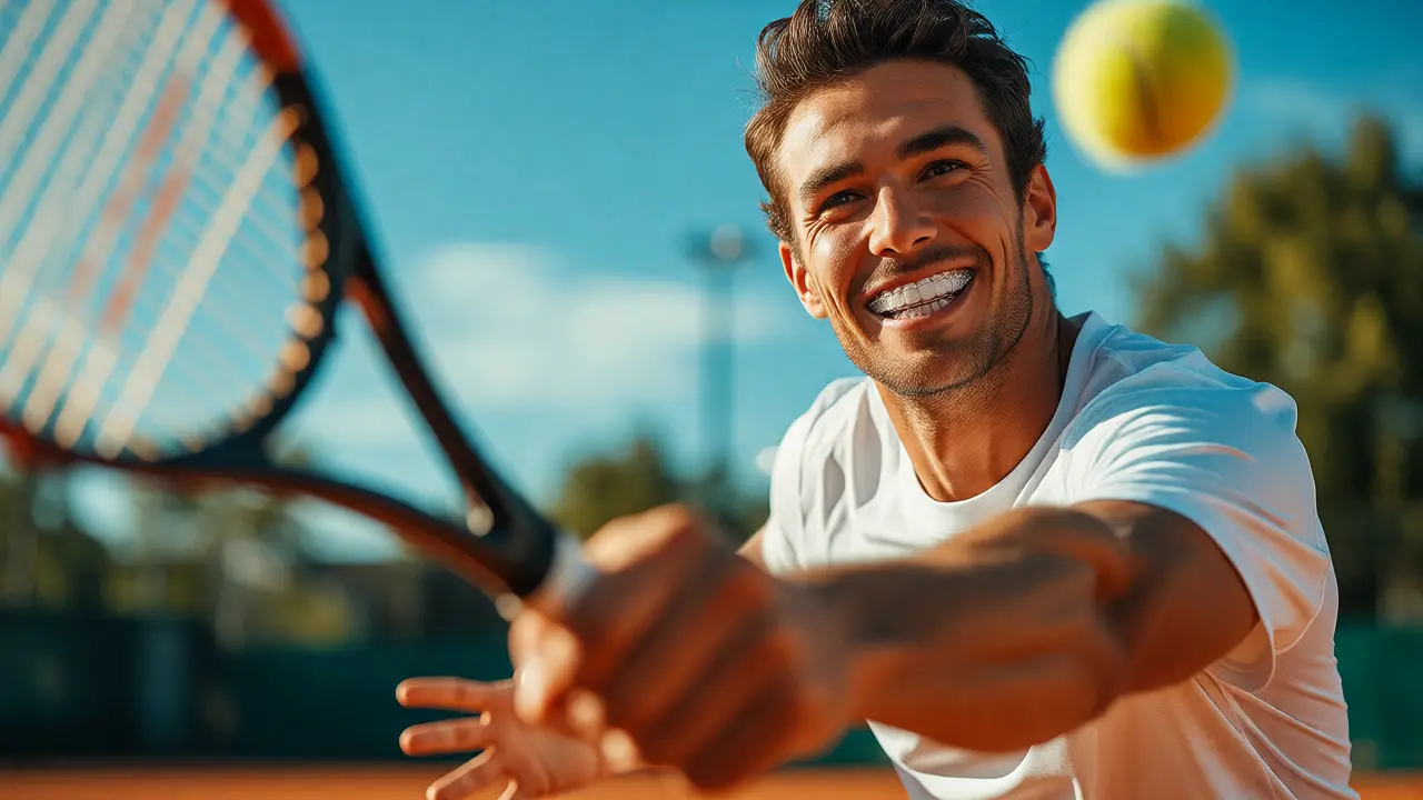 Sportovec s neviditelnými rovnátky při hraní tenisu