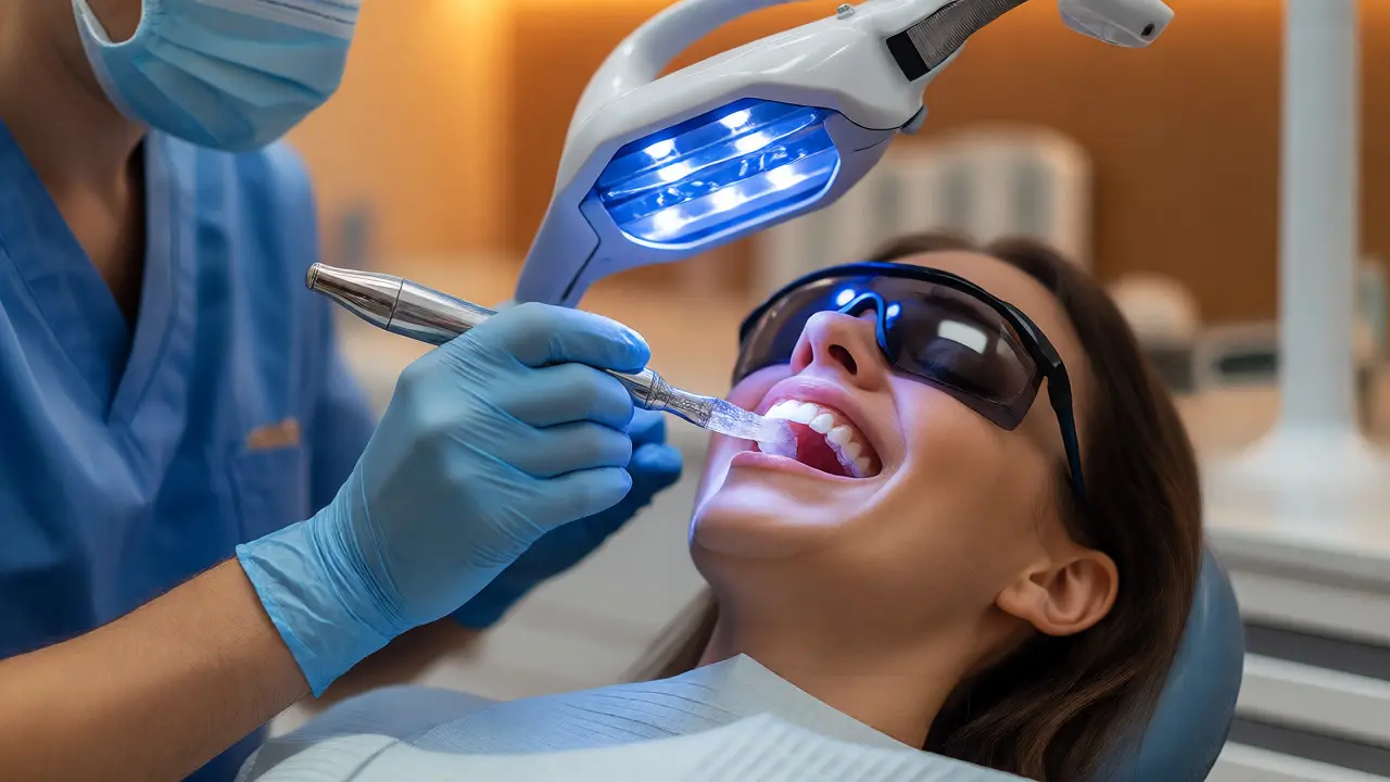 Zubní lékař aplikuje bělicí gel a používá laserovou lampu na pacienta.